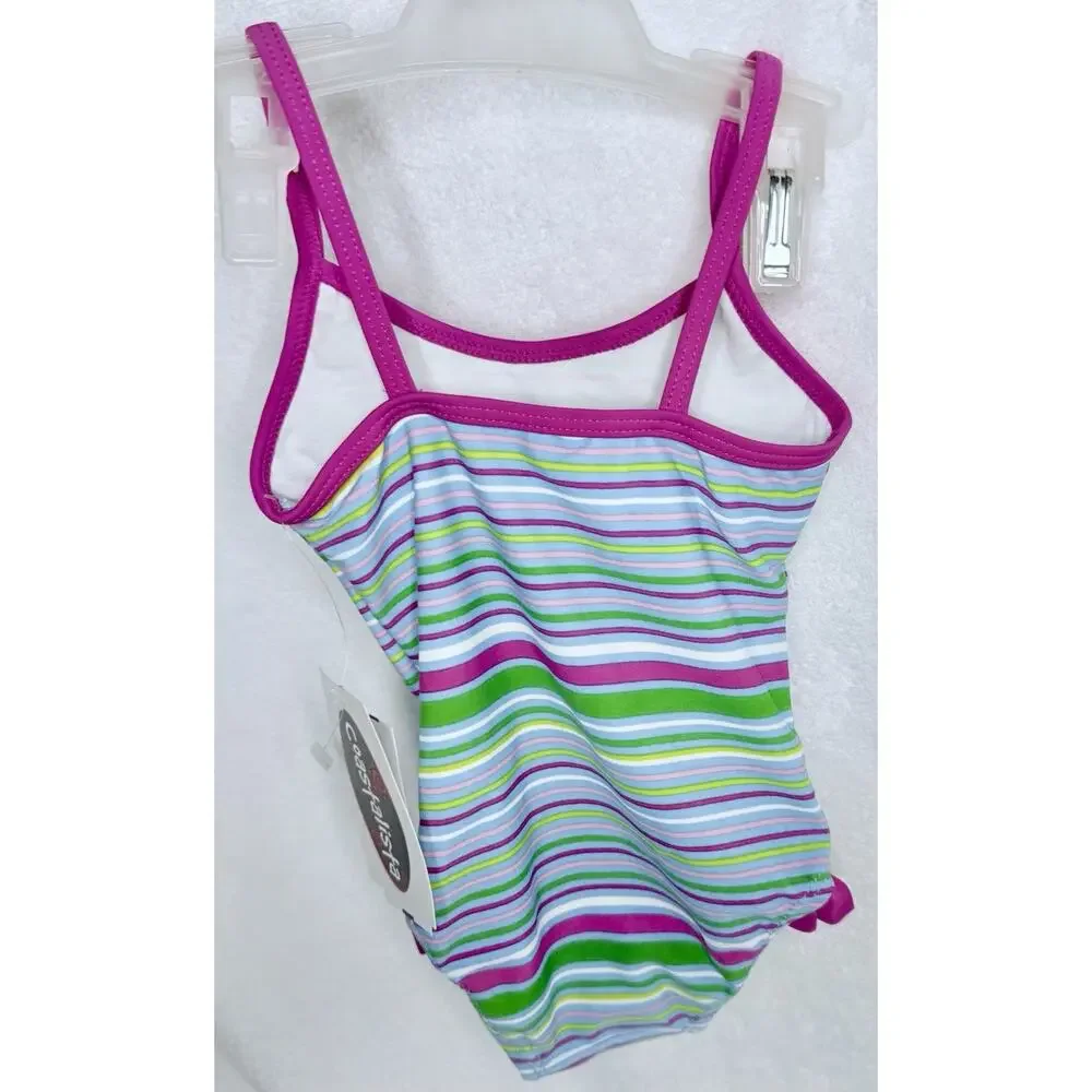 CUTE Toddler Girl Pink Multicolor Striped One-Piece Bathing Suit w/Ruffle